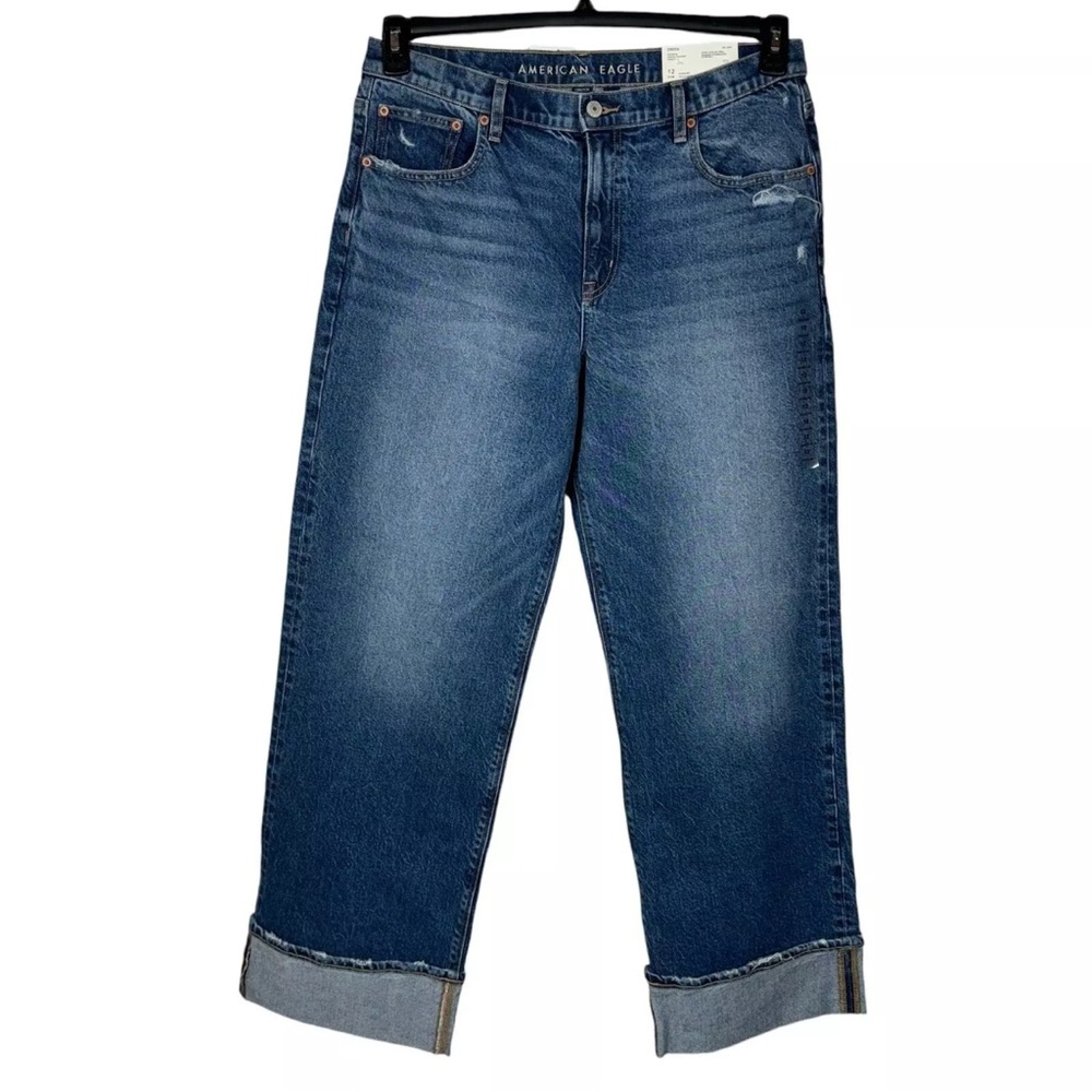 American Eagle 12 Stovepipe Jeans Cuffed Hi-Rise Stretch Zip-Fly Distressed